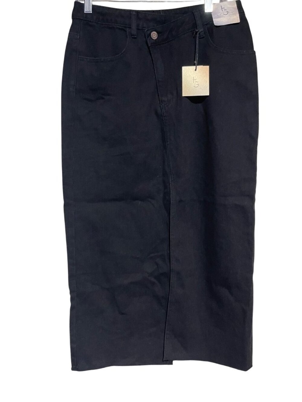 Happily Grey Black Midi Denim Skirt Size 11/29 Front Slit Assymetrical Waist